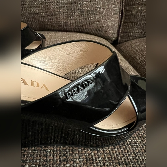 Prada Crosscross Wedge Sandals, Slide, Patent Black Nero, Size 37 - Picture 2 of 10
